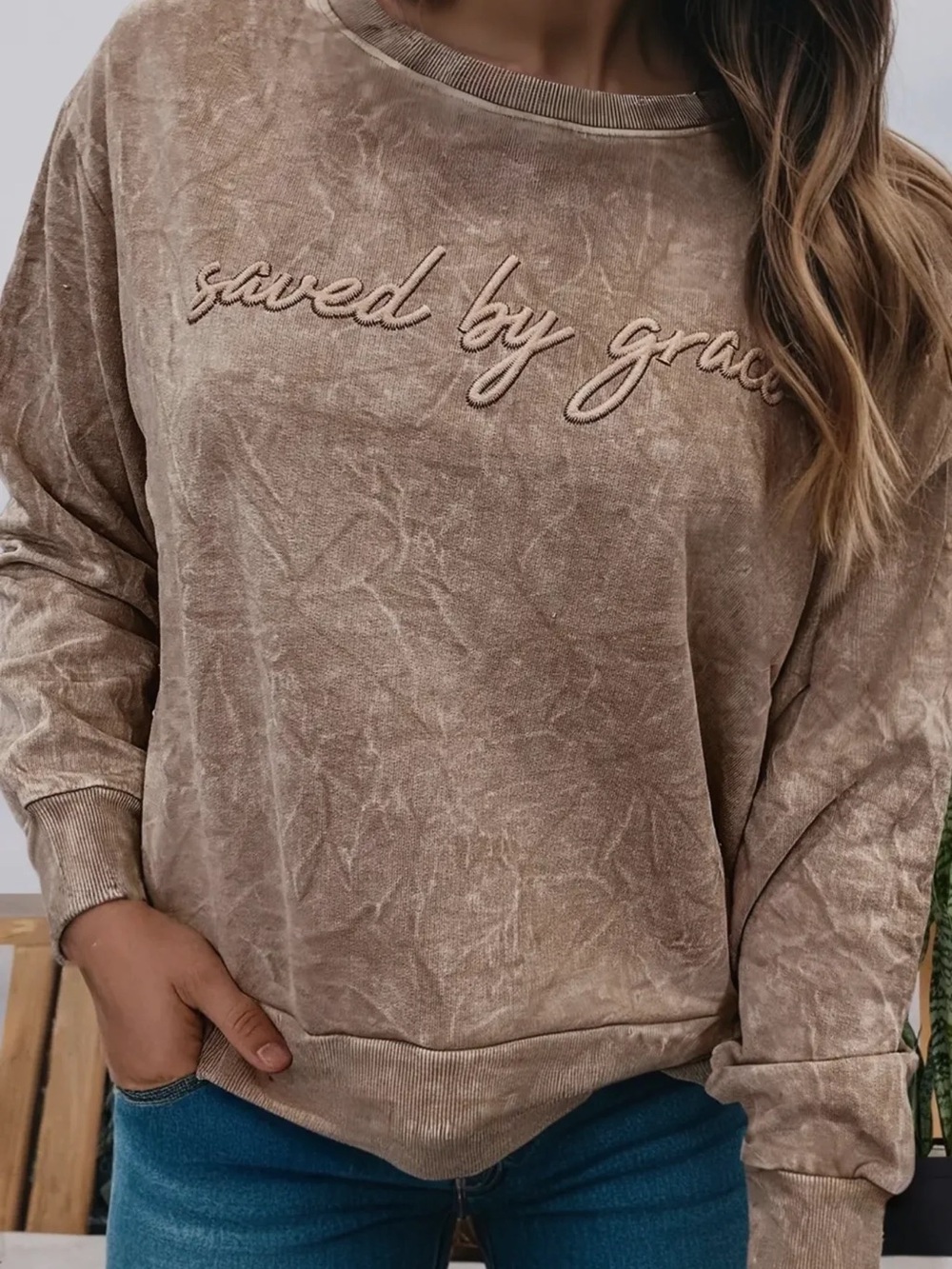 Saved By Grace Women's Brown Washed Pullover Sweatshirt